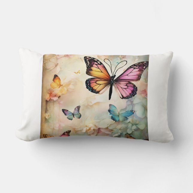 "Spring Butterfly Collection - Colourful Pillow. Lumbar Cushion (Front)