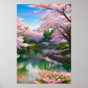 Spring by The River, Cherry Blossom Paradise Poster