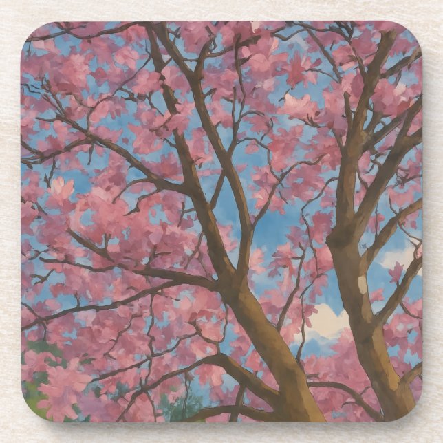 Spring Canopy – Blossom Tree & Blue Sky Painting Coaster (Front)