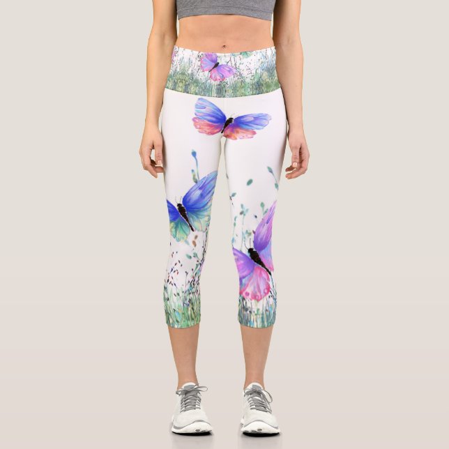 Spring Capri Leggings Butterflies Flying in Nature (Front)
