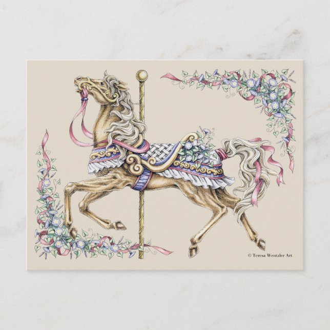 Spring Carousel Horse Drawing Post Card (Front)