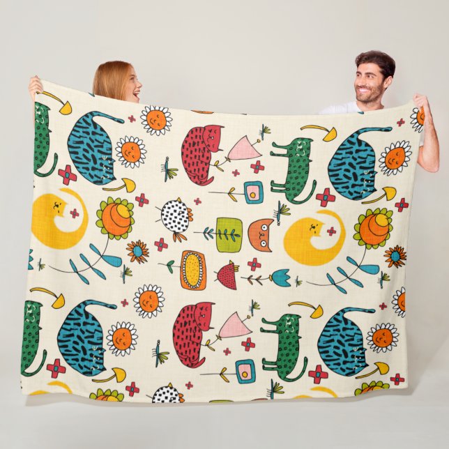 Spring Cat Beige - cute fun kitten floral Fleece Blanket (In Situ)