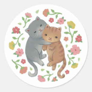 Spring Cats & Flowers Illustration Classic Round Sticker