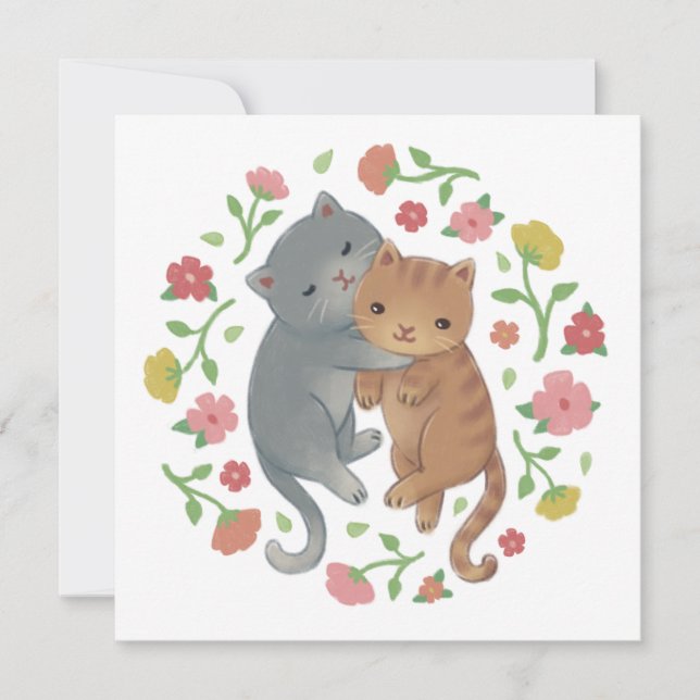 Spring Cats & Flowers Illustration Invitation (Front)