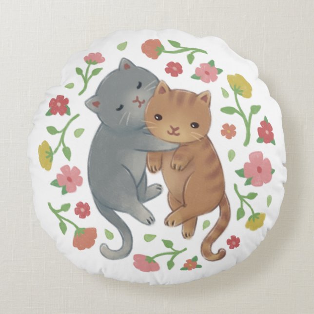Spring Cats & Flowers Illustration Round Cushion (Front)