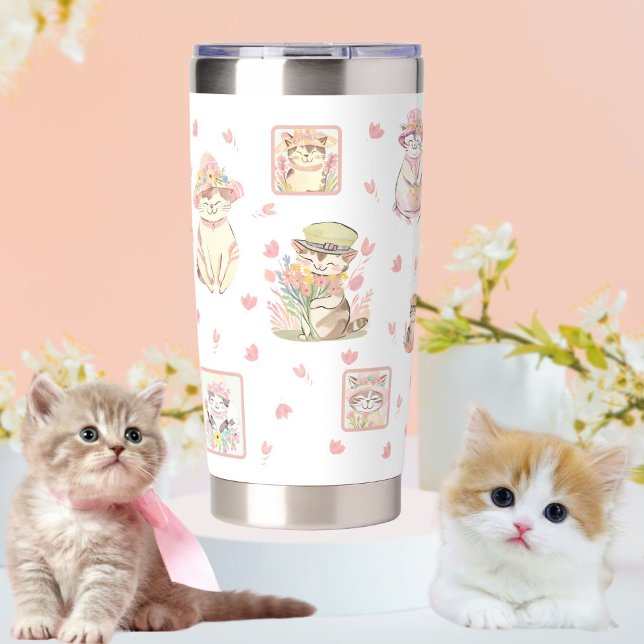 Spring Cats Hats Flowers Peach White Insulated Tumbler (Creator Uploaded)