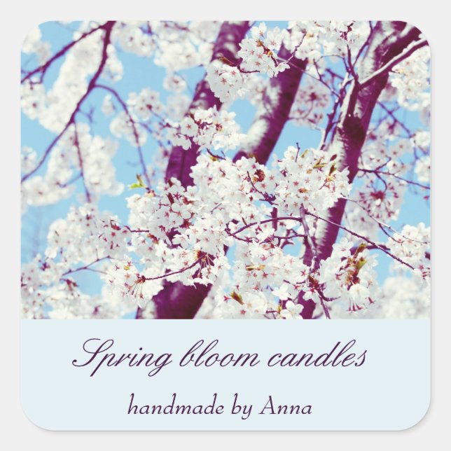 Spring cherry blooms against blue sky square sticker (Front)