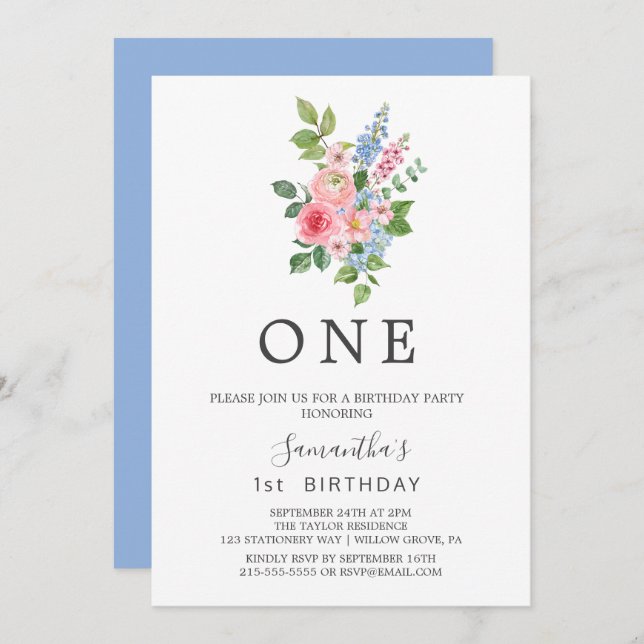 Spring Cherry Blossom First Birthday Party  Invitation (Front/Back)