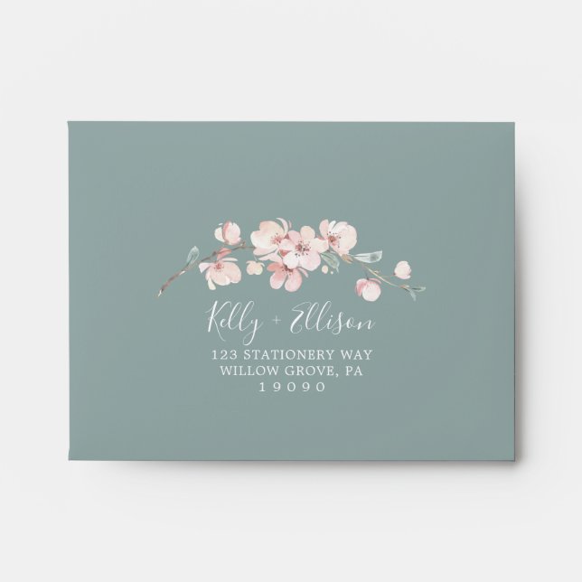 Spring Cherry Blossom | Green Self-Addressed RSVP Envelope (Front)