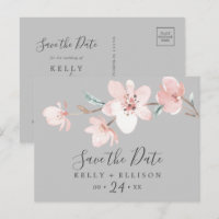Spring Cherry Blossom Grey Save the Date Postcard