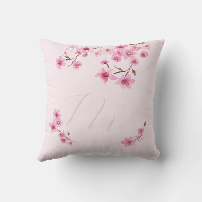 Spring Cherry Blossom Monogram Bridesmaid Gift Cushion (Back)