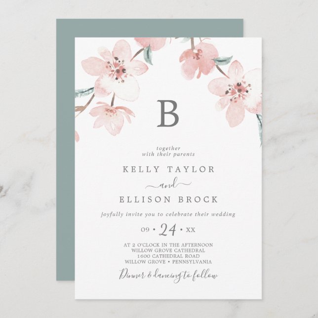 Spring Cherry Blossom Monogram Wedding Invitation (Front/Back)