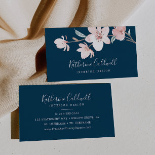 Spring Cherry Blossom   Navy Business Card