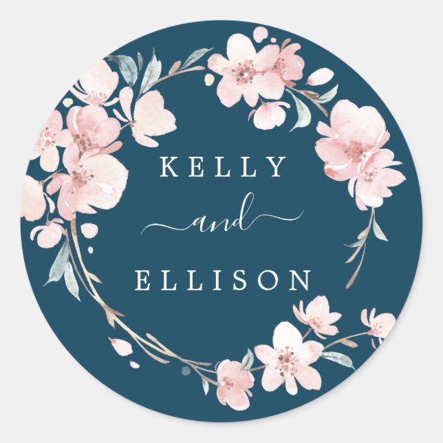 Spring Cherry Blossom Navy Wedding Envelope Seals (Front)