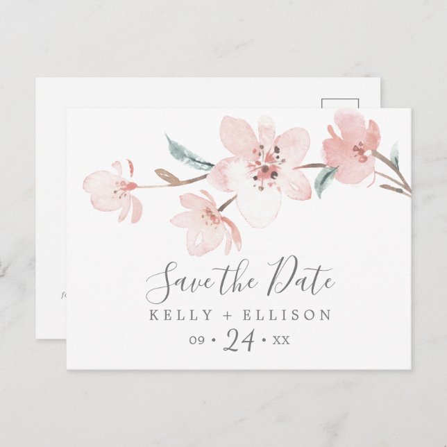 Spring Cherry Blossom Save the Date Postcard (Front/Back)