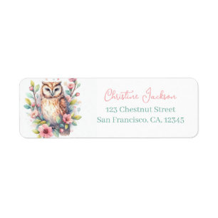 Spring Cherry Blossom Watercolor Owl  Return Address Label