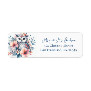 Spring Cherry Blossom Watercolor Owl Return Address Label