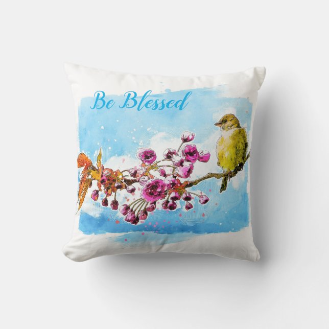 Spring Cherry Blossoms and Finch Pillow (Front)