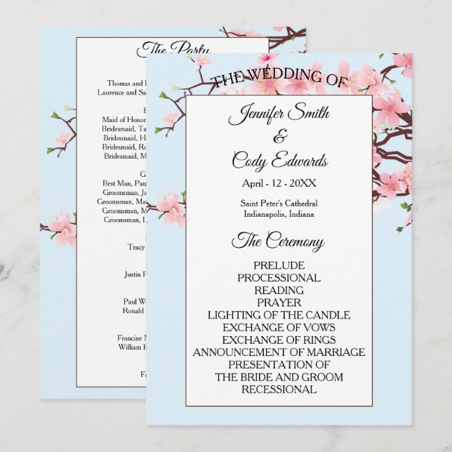 Spring Cherry Blossoms Blue Wedding Program (Front/Back)
