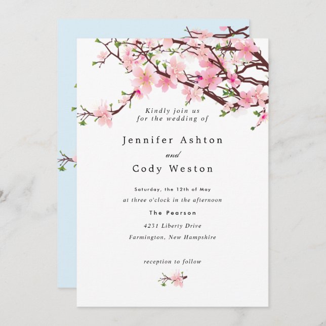 Spring Cherry Blossoms Pale Pink Blue Wedding Invitation (Front/Back)
