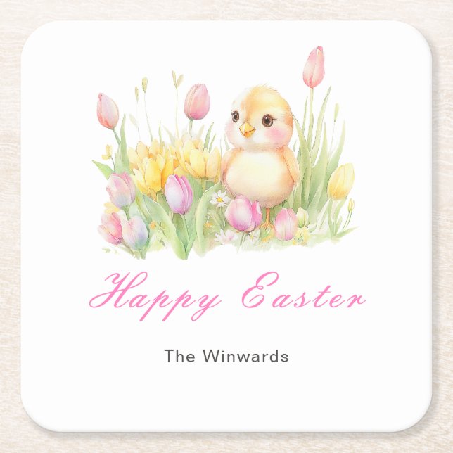 Spring Chick Easter Brunch Square Paper Coaster (Front)