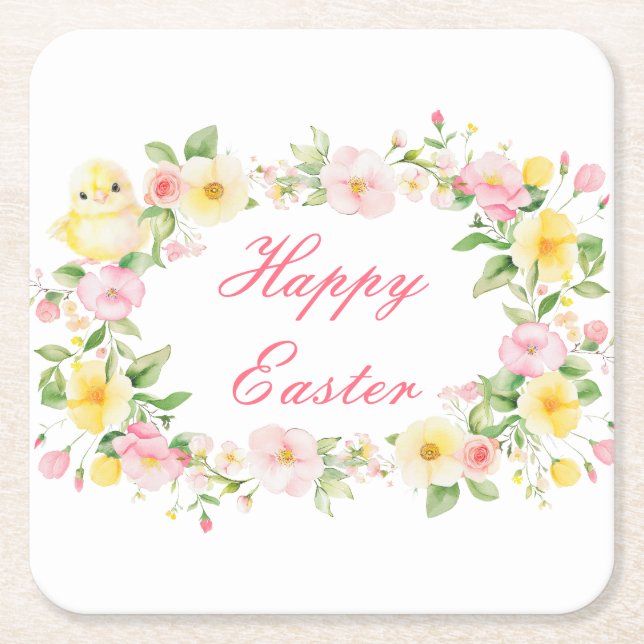 Spring Chick Floral Easter Egg Hunt Party Square Paper Coaster (Front)