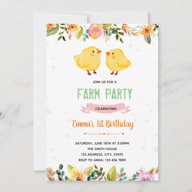 Spring chick party birthday invitation (Front)