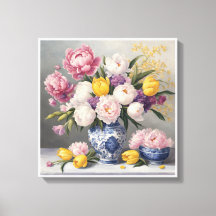 Spring Chinoiserie Blue White Vase Peonies Tulips