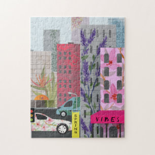 Spring City Vibes Watercolor Floral Urban Art Jigsaw Puzzle