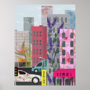 Spring City Vibes Watercolor Floral Urban Art Poster