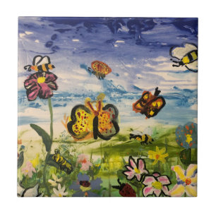 Spring colorful buterflies wildflowers back to sch ceramic tile