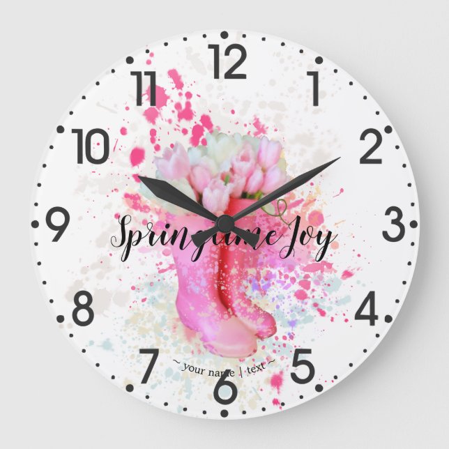 Spring Colour Splash Watercolor Pink Boots & Large Clock (Front)