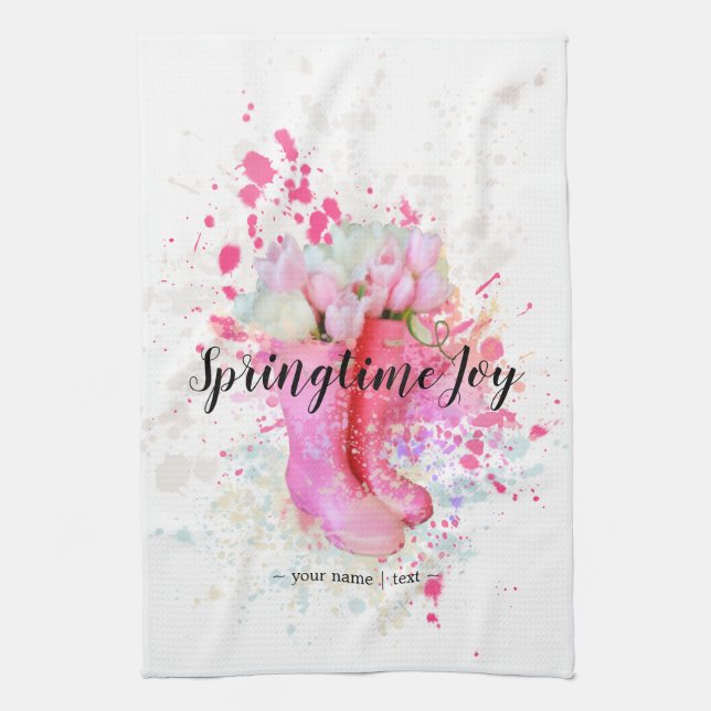Spring Colour Splash Watercolor Pink Boots & Tulip Tea Towel (Vertical)