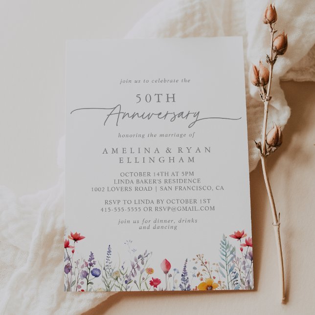 Spring Colour Wildflower 50th Wedding Anniversary Invitation (Creator Uploaded)