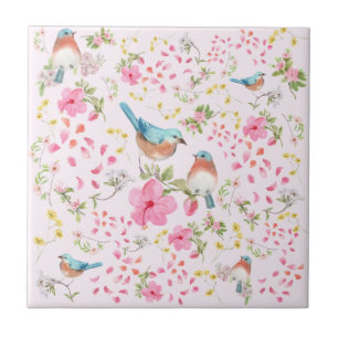 Spring Colourful Birds and Flowers Ceramic Tile