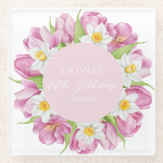 Spring Colourful Flower Kids Birthday Glass Coaster