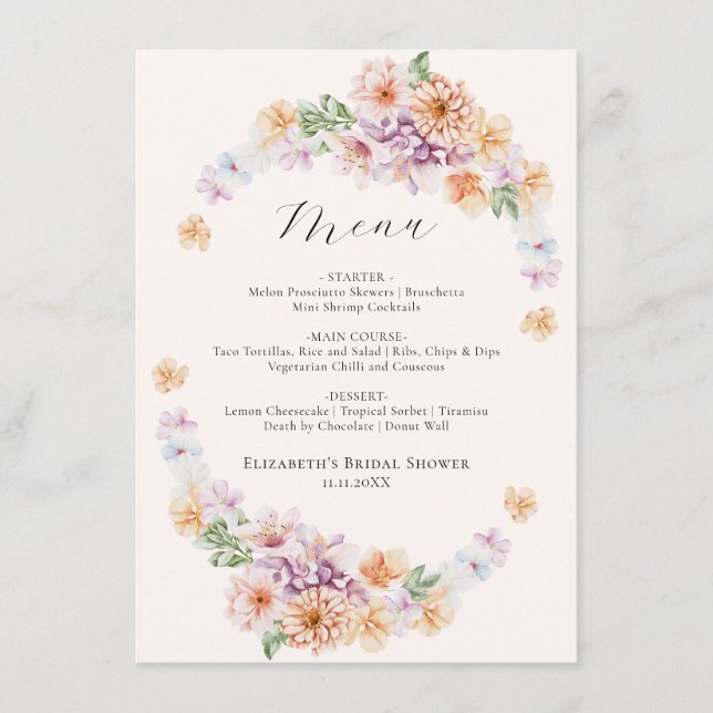 Spring Colourful Flowers Romantic Bridal Shower Me Menu (Front)