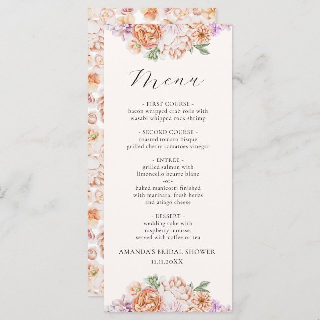 Spring Colourful Flowers Romantic Bridal Shower Menu (Front/Back)