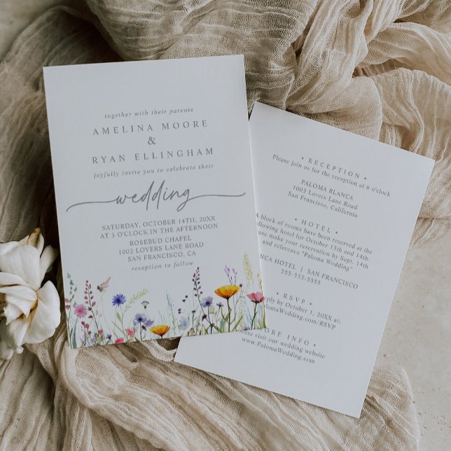 Spring Colourful Wildflower Front & Back Wedding Invitation (Creator Uploaded)