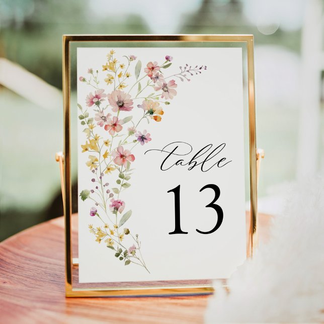 Spring Colourful Wildflower Wedding Table Number (Wildflower meadow wedding table number sign with soft floral illustration and elegant typography)