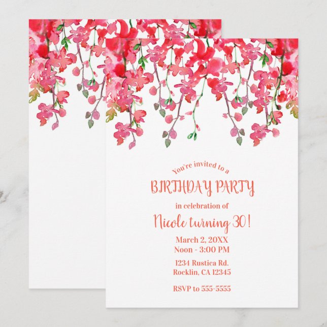 Spring Coral Orchid Branches Floral Birthday Party Invitation (Front/Back)