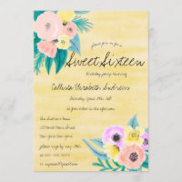 Spring Coral Yellow Floral Watercolor Sweet 16
