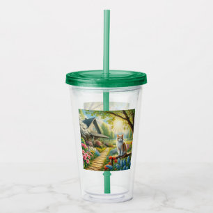 Spring cottage/garden & cat acrylic tumbler