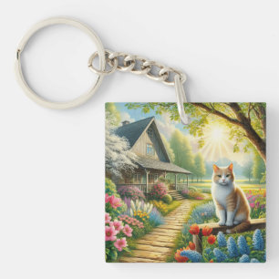 Spring cottage/garden & cat key ring