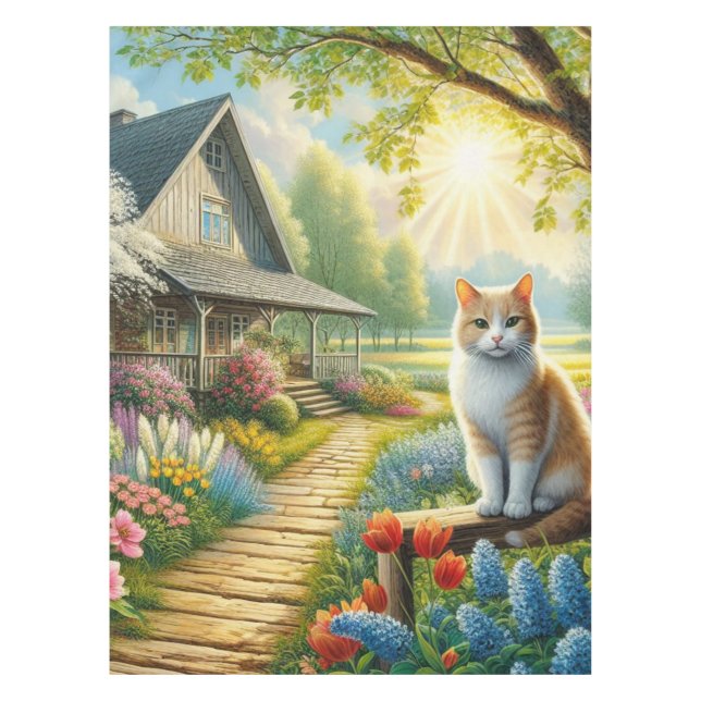 Spring cottage/garden & cat tablecloth (Front)