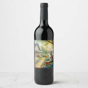 Spring cottage/garden & cat wine label