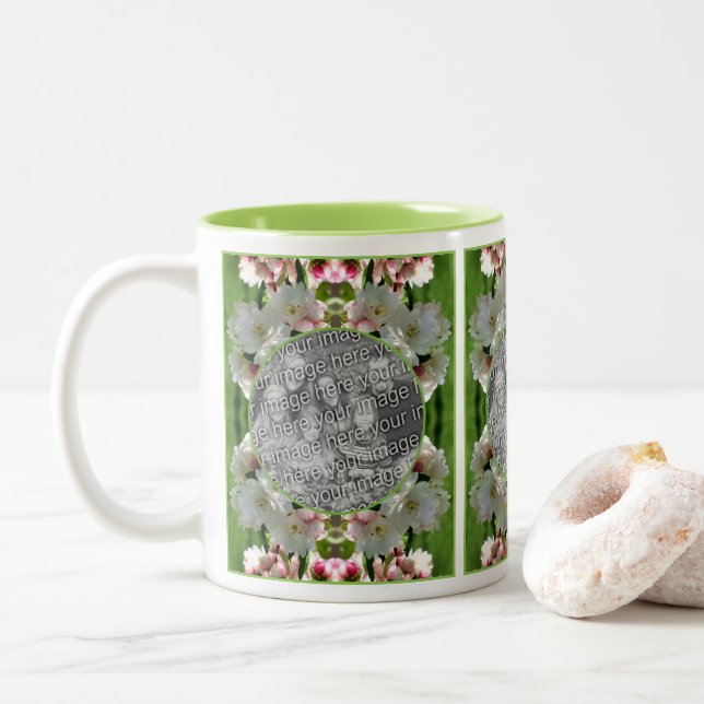 Spring Crabapple Blossoms Frame Add Your Photo Two-Tone Coffee Mug (With Donut)