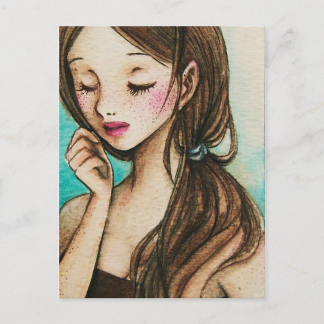 Spring (cute girl with freckles watercolour art) postcard (Front)