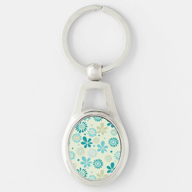 Spring Cute Teal Blue Abstract Flowers Pattern Key Ring (Front)