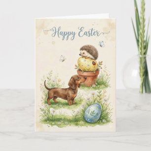 Spring Dachshund and Hedgehog Easter Scene Card